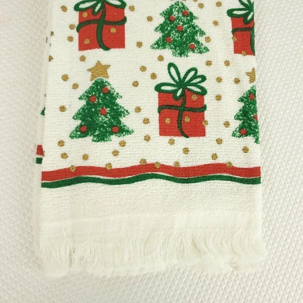 Vintage 1980s Kitchen Hand Towel White Red Green Christmas Presents Fringe New